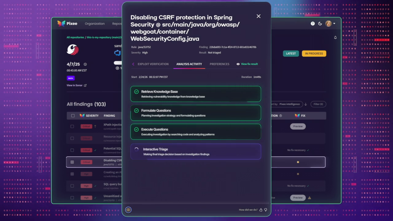 Pixee triaging an SCA backlog: exploitability verdicts and remediation steps